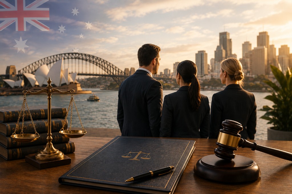 Legal professionals overlooking Sydney Harbour with scales of justice and Australian flag