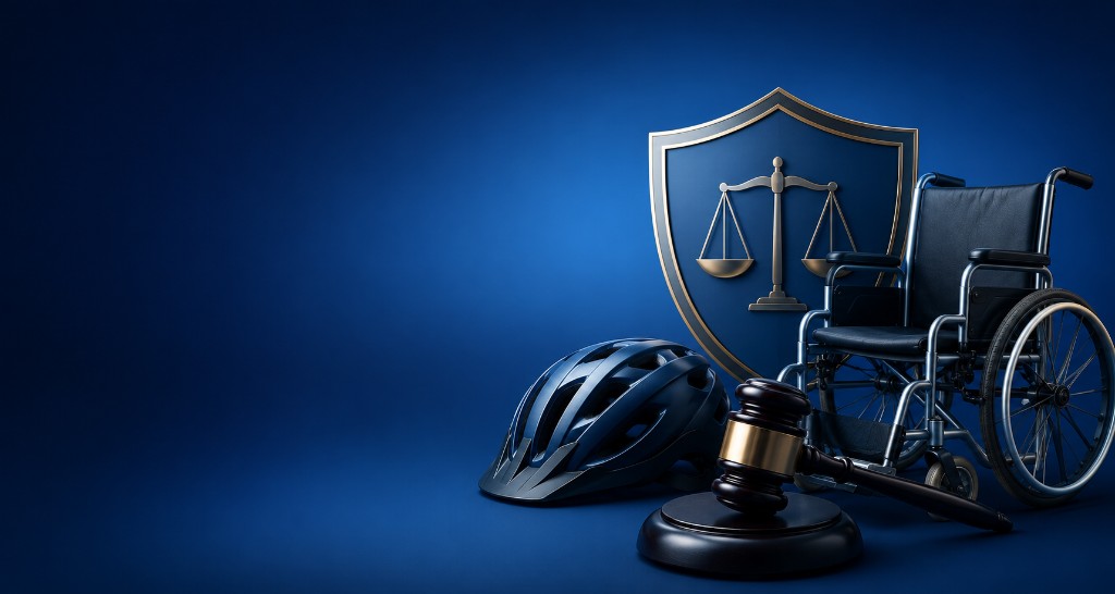 Shield with scales of justice, gavel, wheelchair and helmet representing accident compensation claims