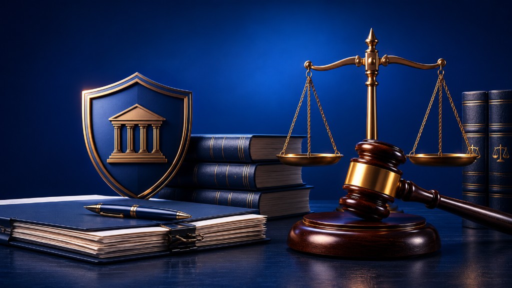 Legal shield, scales of justice, gavel, law books and case files representing civil litigation
