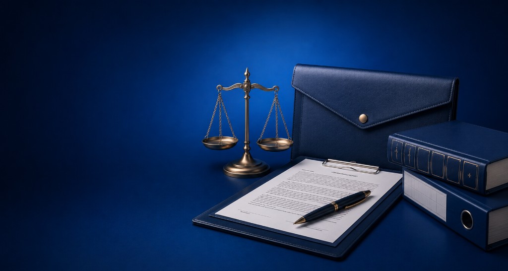 Contract document on clipboard with pen, scales of justice and law books representing contract law
