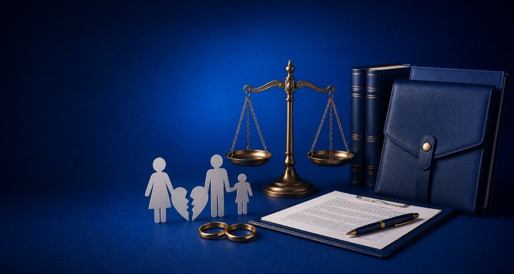 Family silhouettes with broken heart, wedding rings, scales of justice and legal documents representing divorce