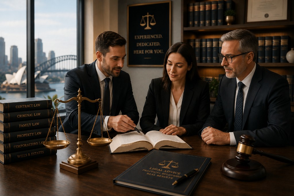 Legal team reviewing law books with Sydney Harbour view, scales of justice and gavel