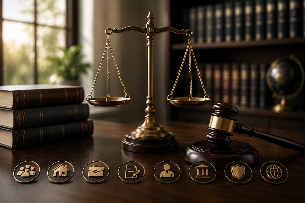 Scales of justice, gavel and law books representing popular legal practice areas