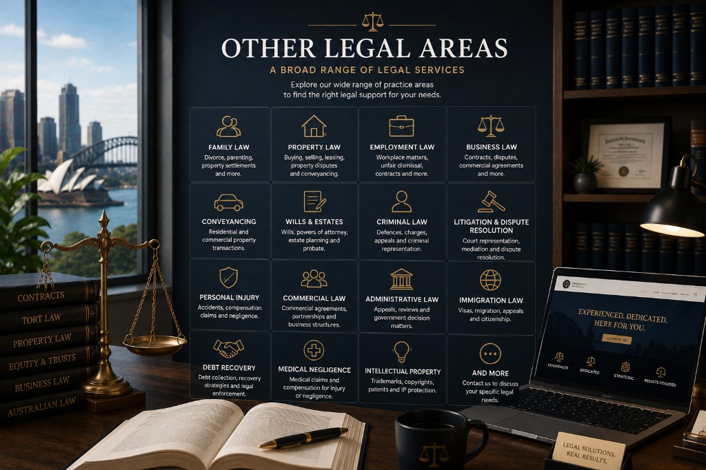 Grid of legal practice areas with icons for family law, property law, employment law and more