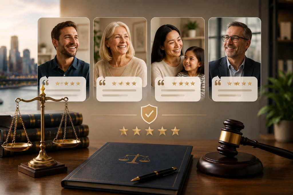 Client testimonial cards with five-star ratings alongside legal scales and gavel